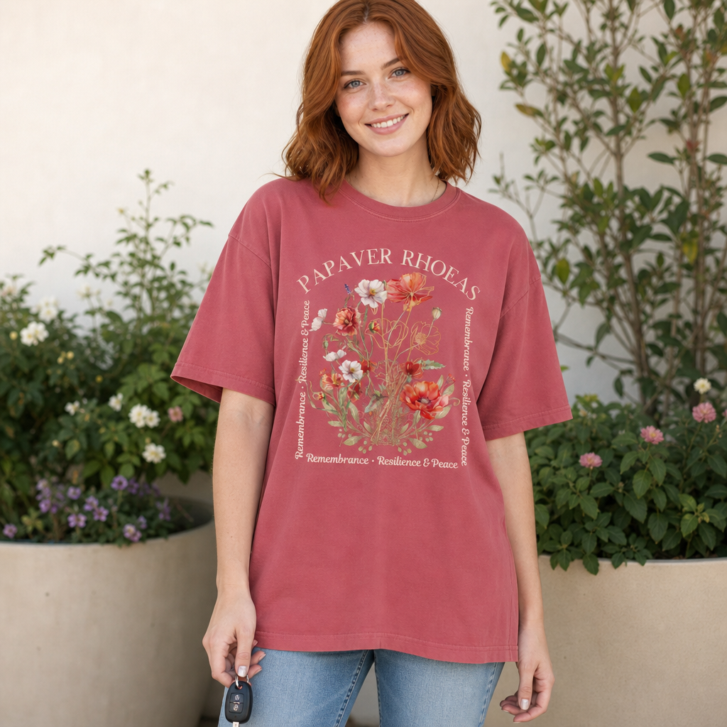 Woman wearing a crimson Comfort Colors 1717 t-shirt with vintage botanical poppy illustration, elegant gold accents, and curved 'PAPAVER RHOEAS' text, garden scene, for women who love nature and memorial floral apparel, by Crossroads Dandelion