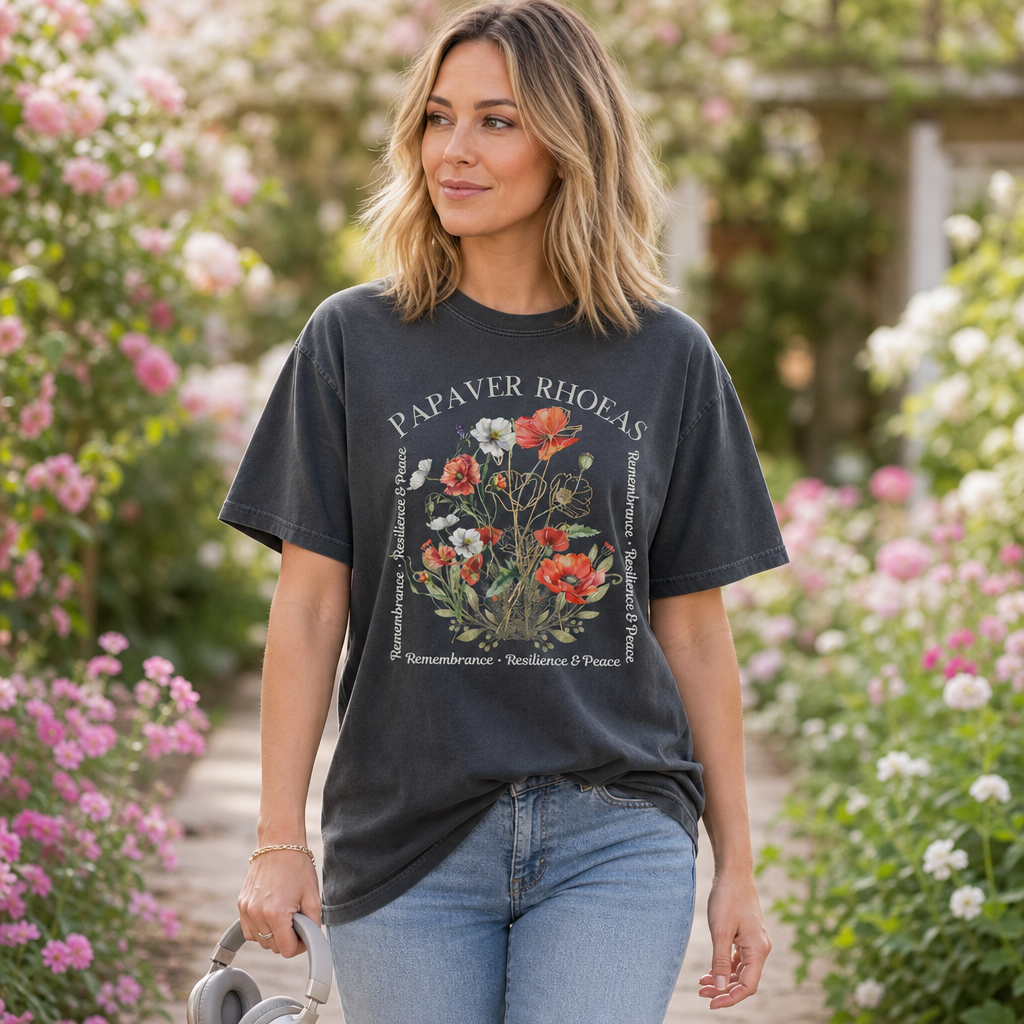 Woman wearing a pepper Comfort Colors 1717 t-shirt with vintage-style botanical poppy illustration, gold accents, and memorial-themed curved text, standing in a blooming garden, floral nature-inspired apparel for women, by Crossroads Dandelion