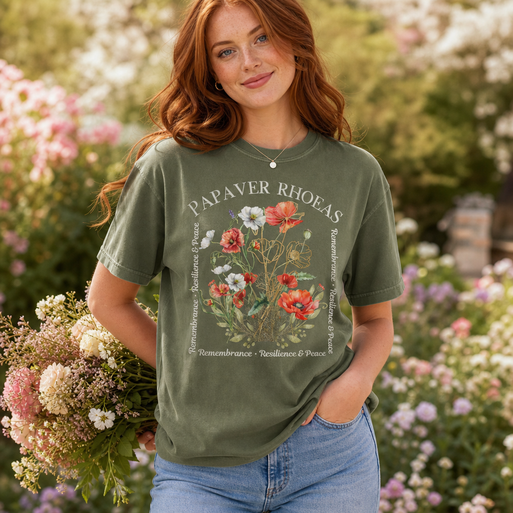 Woman in moss green Comfort Colors 1717 t-shirt featuring a vintage botanical illustration of poppies with elegant serif lettering, serene garden setting, memorial and nature-inspired apparel, for women who love florals and tranquility, by Crossroads Dandelion