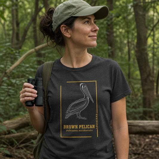 Woman wearing a dark grey heather Bella Canvas 3001 t-shirt with a vintage engraving of a brown pelican framed in gold linework, birdwatcher style, hiking in a wooded forest, for nature lovers and naturalists, by Crossroads Dandelion