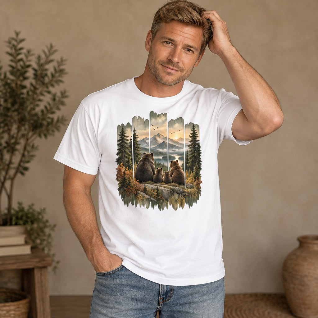 Man in white Comfort Colors® 1717 t-shirt featuring a vintage-style painted bear family design, with two adult bears and a cub gazing over snow-capped mountains and a sunset, framed by evergreen pines and wood-panel accents, rustic cabin art style, perfect for hikers, campers, and wildlife lovers, by Crossroads Dandelion