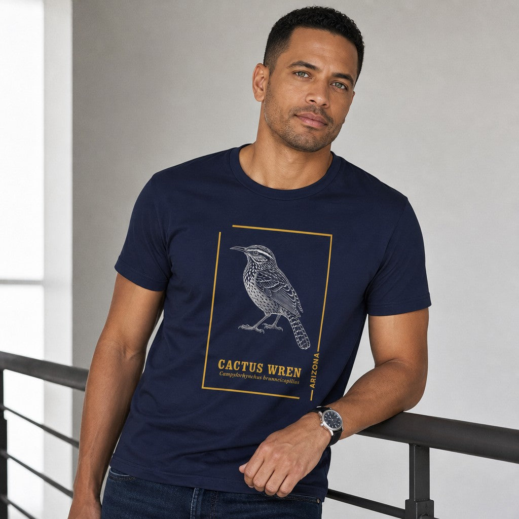 Man wearing navy Bella Canvas 3001 t-shirt featuring a vintage hand-drawn line art illustration of the Cactus Wren, Arizona state bird, with subtle gold frame accents and botanical-inspired type, photographed in a modern indoor setting, birdwatchers and Southwest heritage enthusiasts, by Crossroads Dandelion