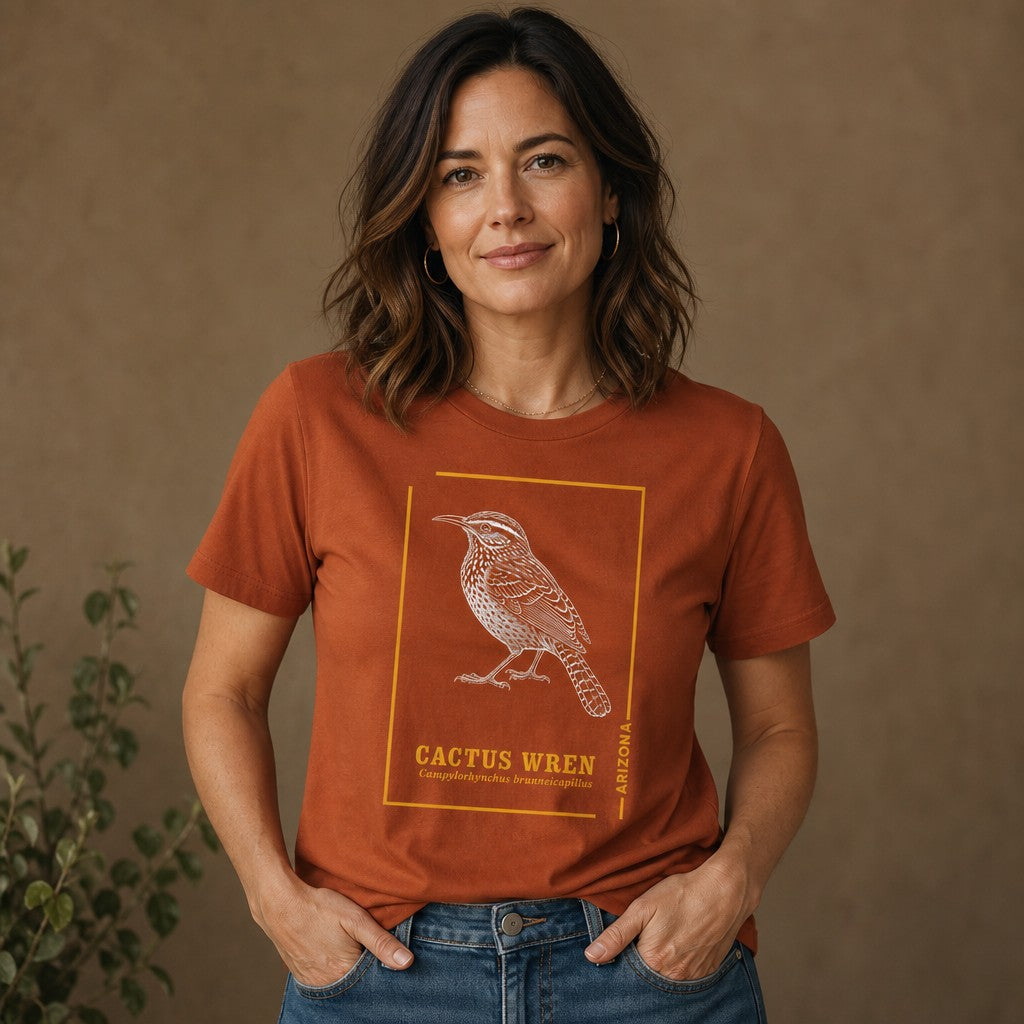Woman wearing an autumn orange Bella Canvas 3001 t-shirt featuring a vintage etching style hand-drawn cactus wren, Arizona state bird, framed by subtle gold accents, ideal for ornithology and desert flora enthusiasts and Southwest heritage lovers, by Crossroads Dandelion