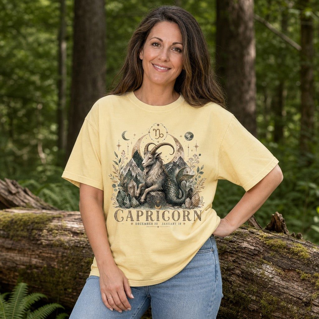 Woman wearing butter yellow Comfort Colors 1717 t-shirt with a vintage mystical Capricorn mountain goat mermaid design, featuring moons, stars, mountains, botanicals, and crystals, posing in a lush forest, for astrology and celestial theme lovers, by Crossroads Dandelion