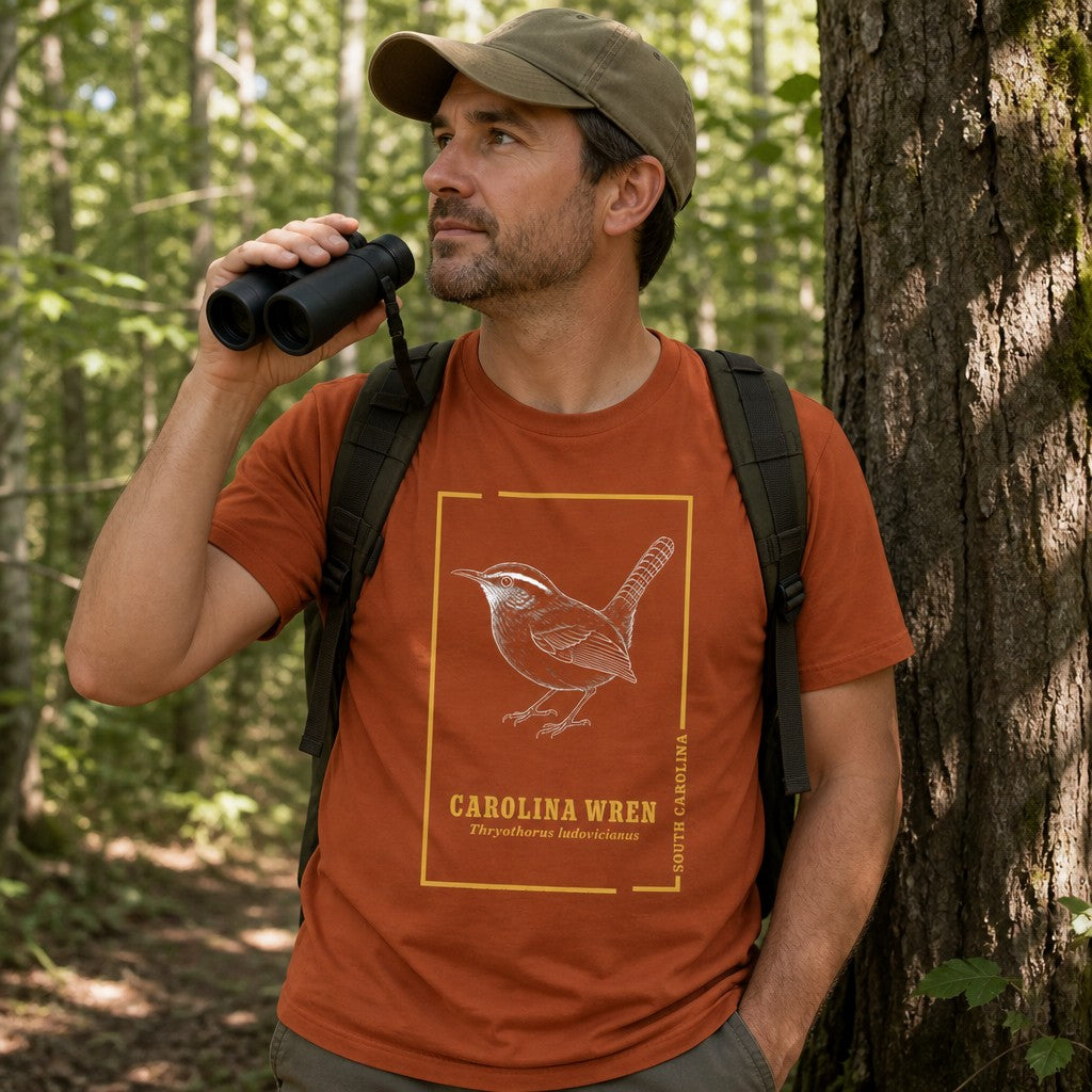 Man wearing an autumn orange Bella Canvas 3001 t-shirt with a vintage hand-drawn Carolina Wren illustration framed in gold, cottagecore birdwatcher style, hiking in a lush forest, bird lovers and nature enthusiasts, by Crossroads Dandelion