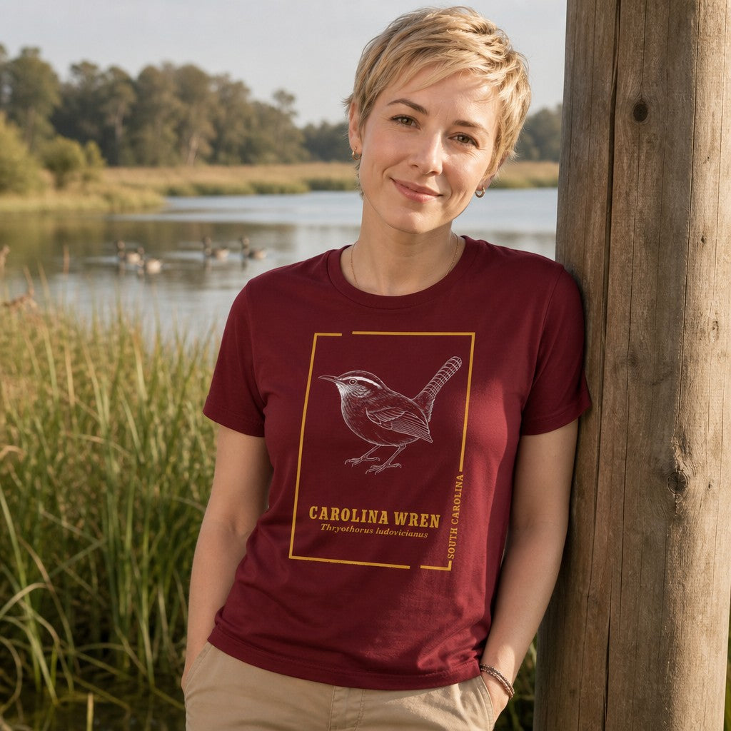 Woman in cardinal red Bella Canvas 3001 t-shirt featuring a vintage hand-drawn Carolina Wren within a golden frame, cottagecore style, lakeside nature scene, ideal for bird lovers and nature enthusiasts, by Crossroads Dandelion