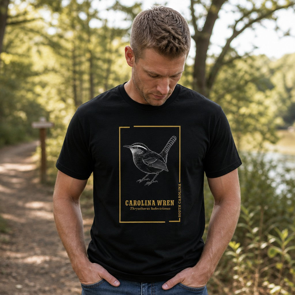 Man wearing a black Bella Canvas 3001 t-shirt featuring a vintage-inspired hand-drawn Carolina Wren within a golden art frame, cottagecore style, naturalist’s field sketch design, on a woodland path, perfect for bird lovers and nature enthusiasts, by Crossroads Dandelion