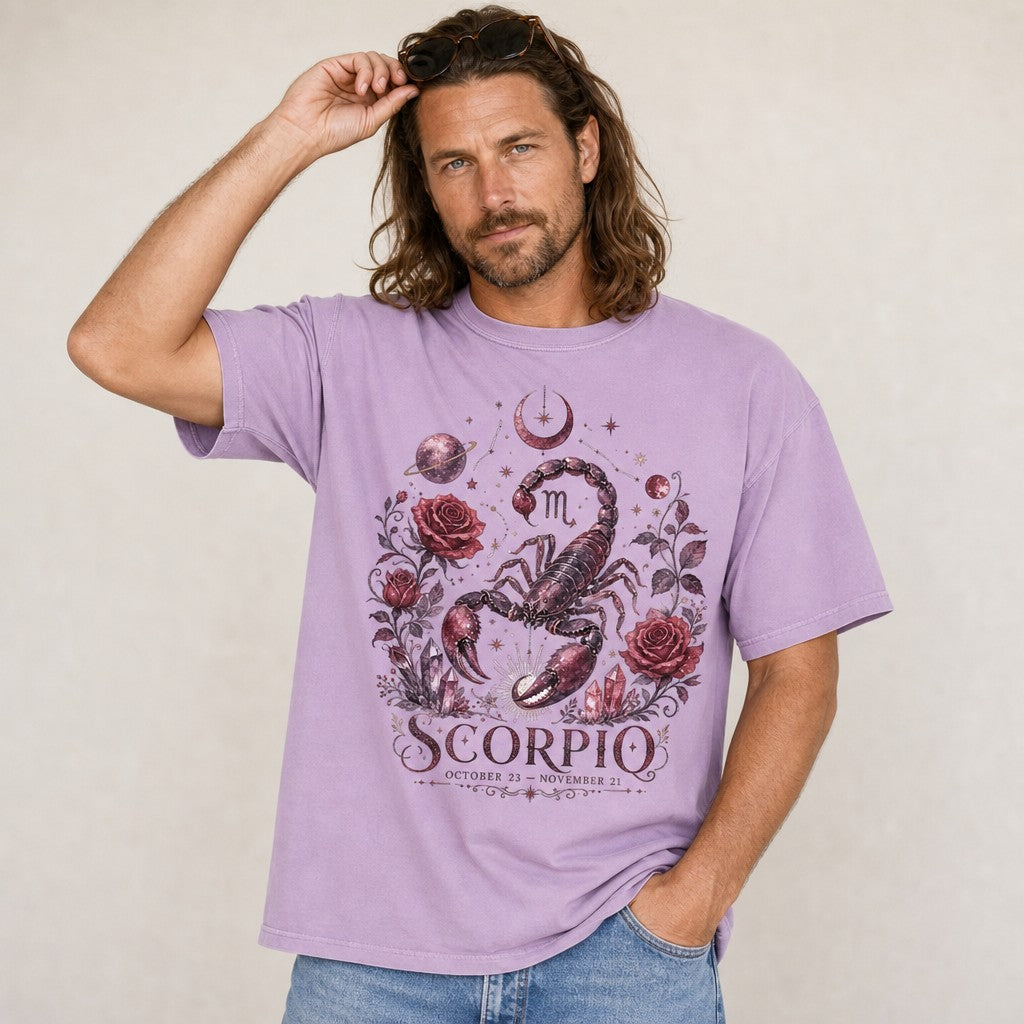 Man in orchid Comfort Colors 1717 t-shirt featuring an intricate hand-drawn scorpion with dark red roses, celestial stars, crescent moon, and crystals in a vintage mystical astrology design, perfect for astrology lovers and magical aesthetics, by Crossroads Dandelion