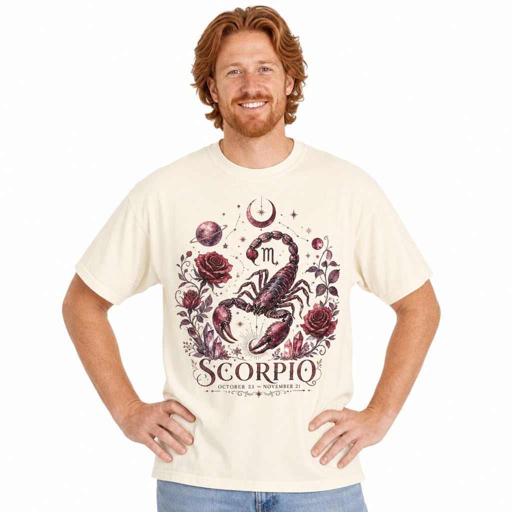 Red-haired man wearing an ivory Comfort Colors 1717 t-shirt featuring a detailed hand-drawn scorpion design surrounded by dark red roses, stars, crescent moon, planets, and crystals in a vintage celestial style, perfect for astrology lovers and magical aesthetics, by Crossroads Dandelion