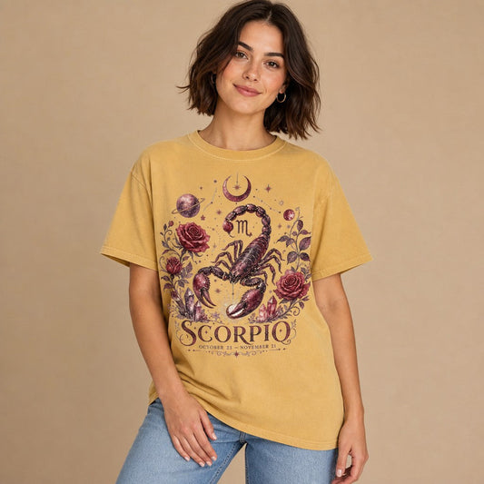 Woman wearing a mustard Comfort Colors 1717 t-shirt with a vintage hand-drawn scorpion, surrounded by dark red roses, twinkling stars, crescent moon, planets, and luminous crystals in a celestial astrology design, perfect for magical and moody astrology lovers, by Crossroads Dandelion