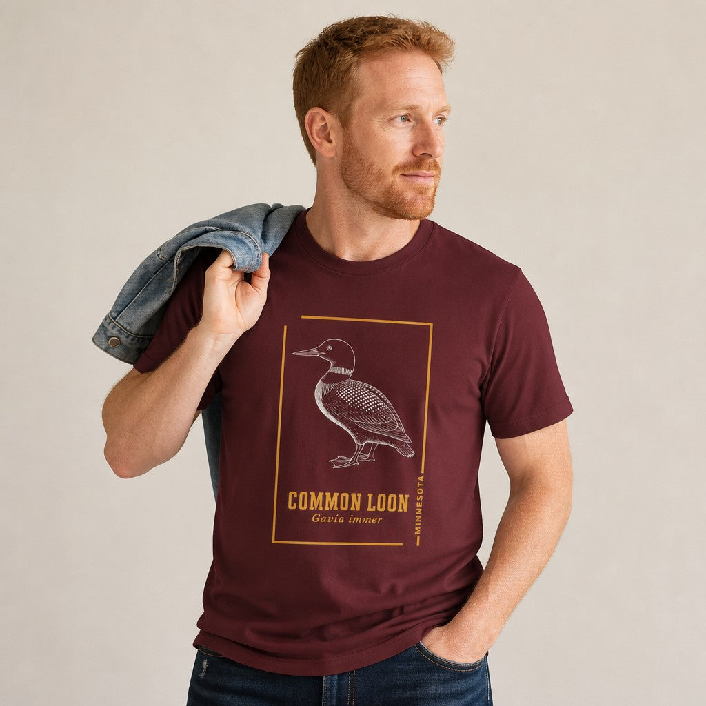 Man wearing maroon Bella Canvas 3001 t-shirt with vintage etching design of a common loon, gold border accents, cottagecore naturalist style, perfect for birdwatchers and wildlife lovers, by Crossroads Dandelion