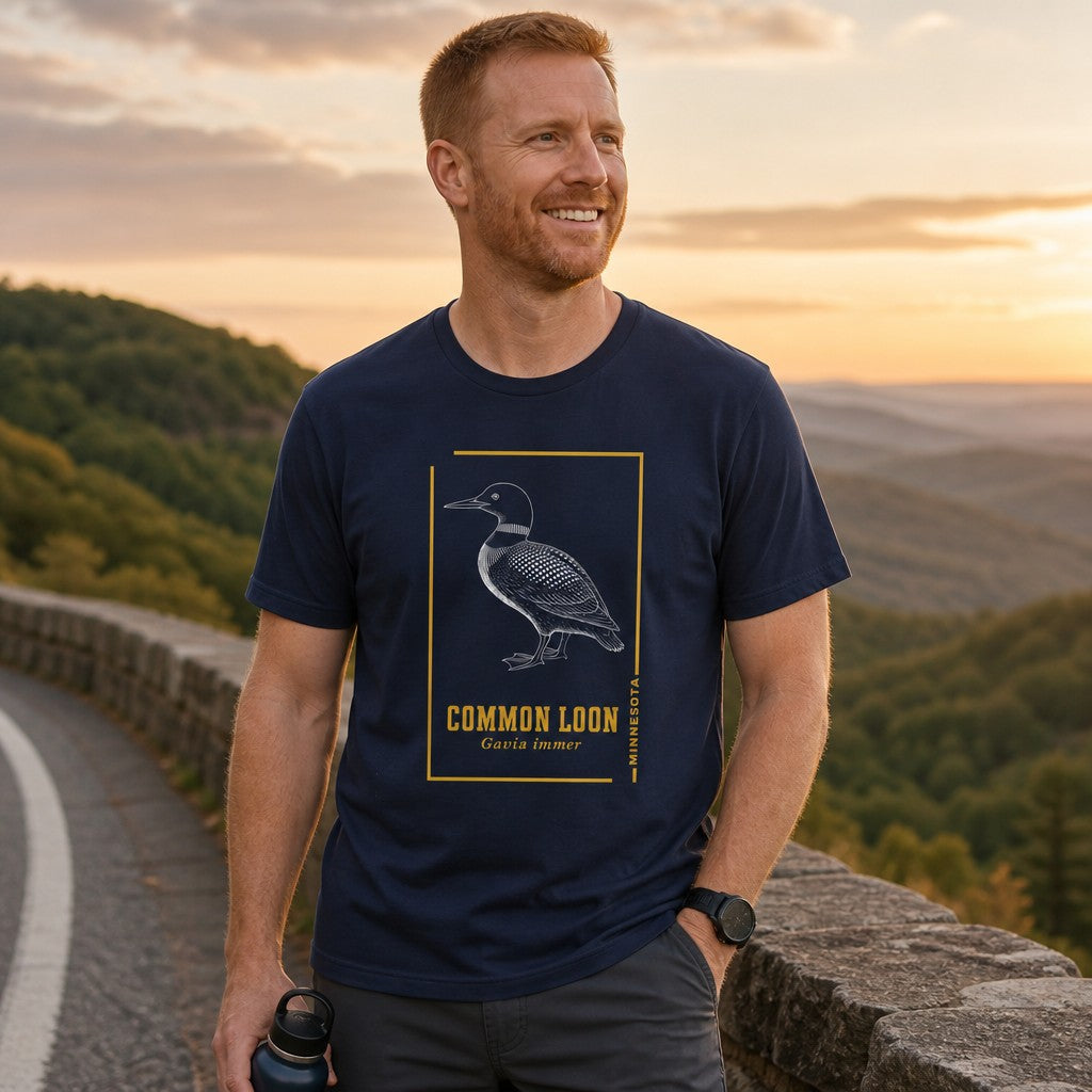 Man wearing a navy t-shirt featuring a vintage line art common loon design with yellow accents, standing by a scenic mountain road at sunset, ideal for birdwatchers and nature enthusiasts, men's outdoor apparel, by Crossroads Dandelion