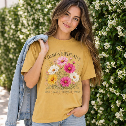 Woman wearing a mustard Comfort Colors 1717 t-shirt featuring a vintage botanical illustration of cosmos bipinnatus flowers in pink, white, and yellow, surrounded by foliage, standing by a lush garden wall, floral and mindfulness lovers, by Crossroads Dandelion