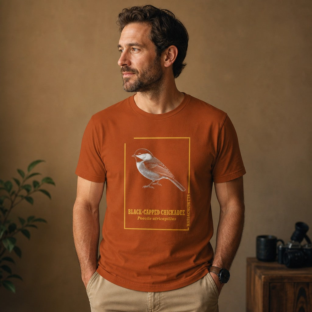 Man wearing an autumn rust Bella Canvas 3001 t-shirt with a vintage naturalist engraving of a black-capped chickadee, golden-lined frame, scientific field guide style, indoor setting, ideal for bird and wildlife art lovers, by Crossroads Dandelion