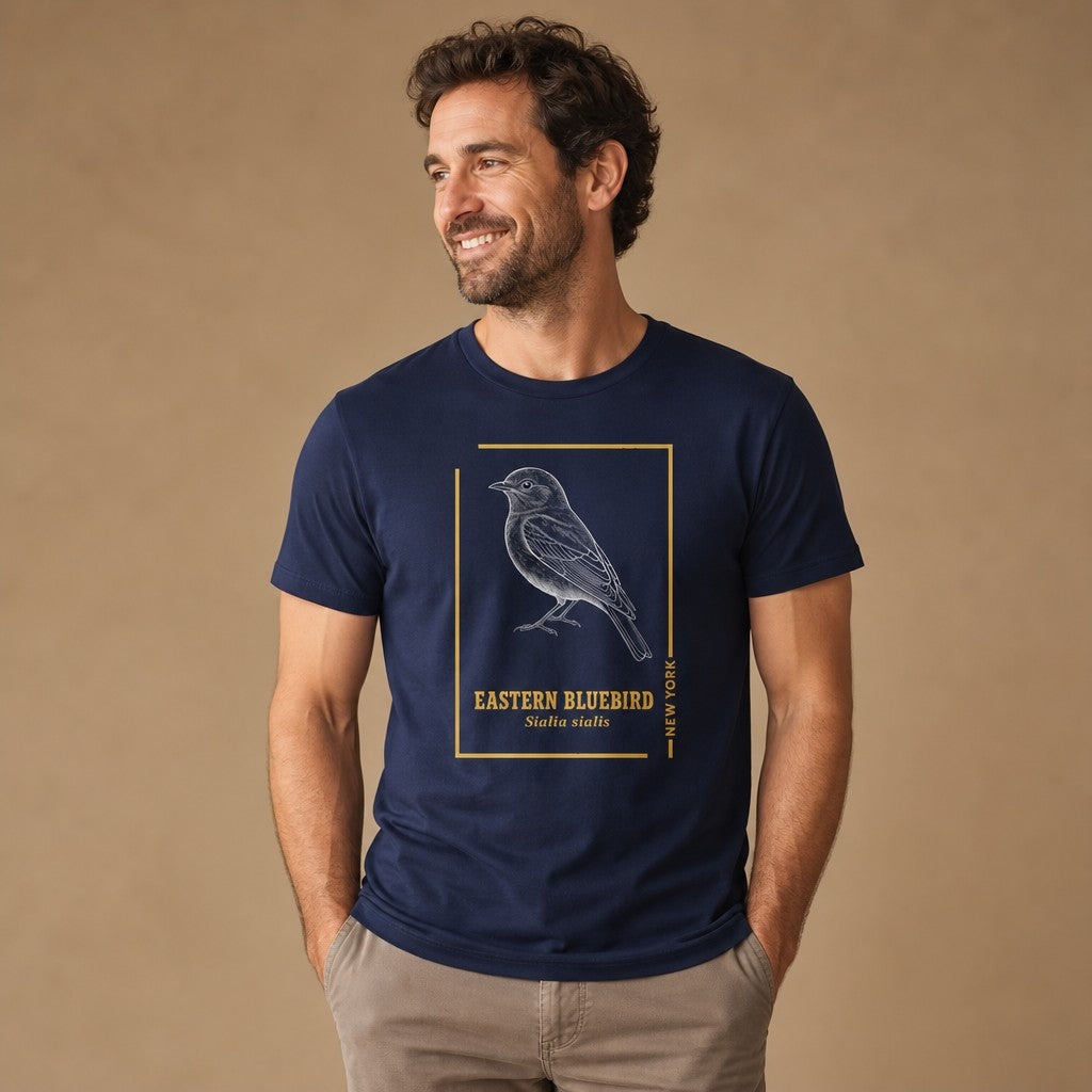 Man wearing a navy Bella Canvas 3001 t-shirt with a hand-drawn vintage illustration of an Eastern Bluebird, outlined in golden lines and elegant botanical typography, perfect for cottagecore and vintage wildlife art lovers, casual indoor scene, men's style, by Crossroads Dandelion