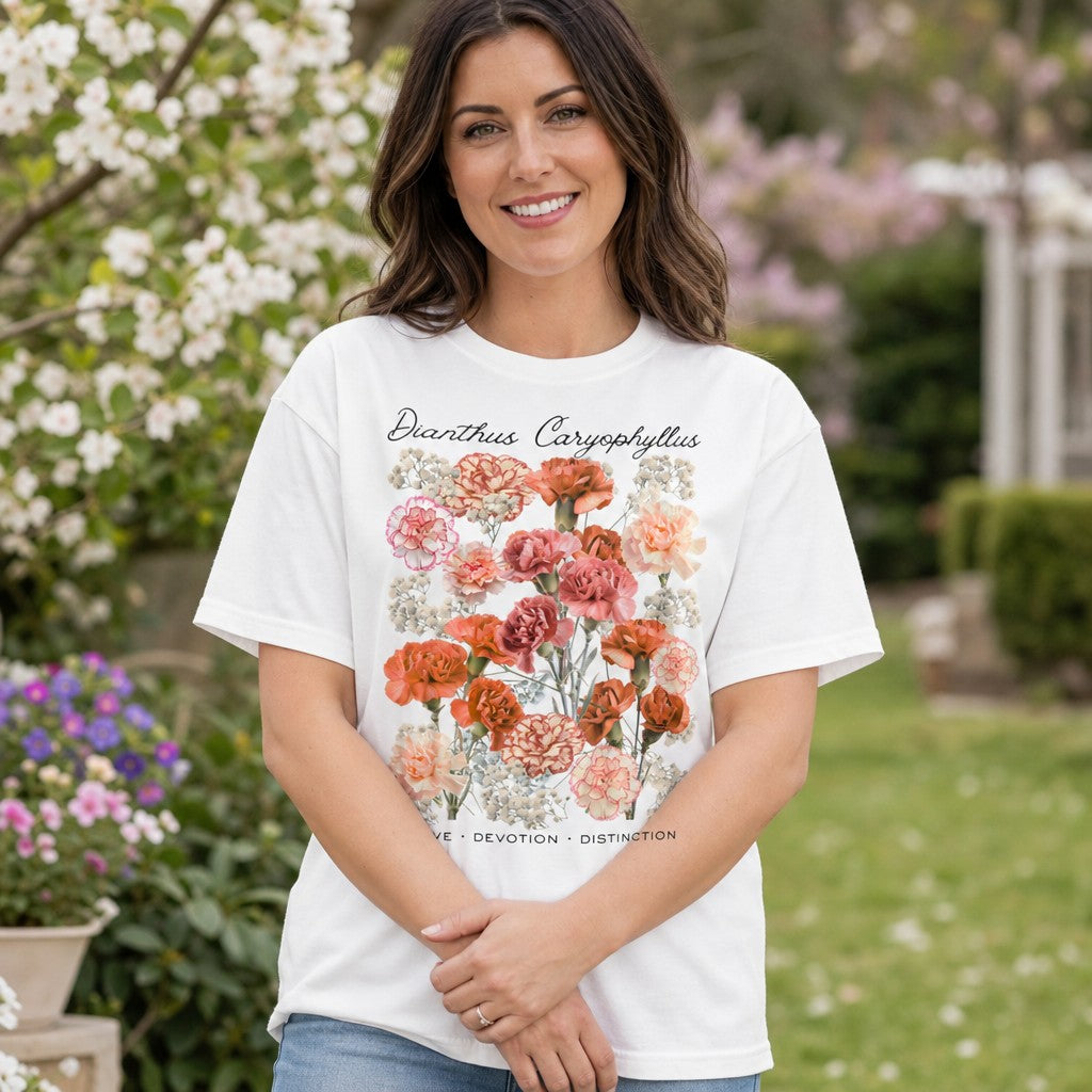 Woman wearing a white Comfort Colors 1717 t-shirt featuring a vintage botanical illustration of peach, blush, coral, and cream carnations with baby's breath and elegant script, in a spring garden setting, cottagecore floral gift for women and flower lovers, by Crossroads Dandelion