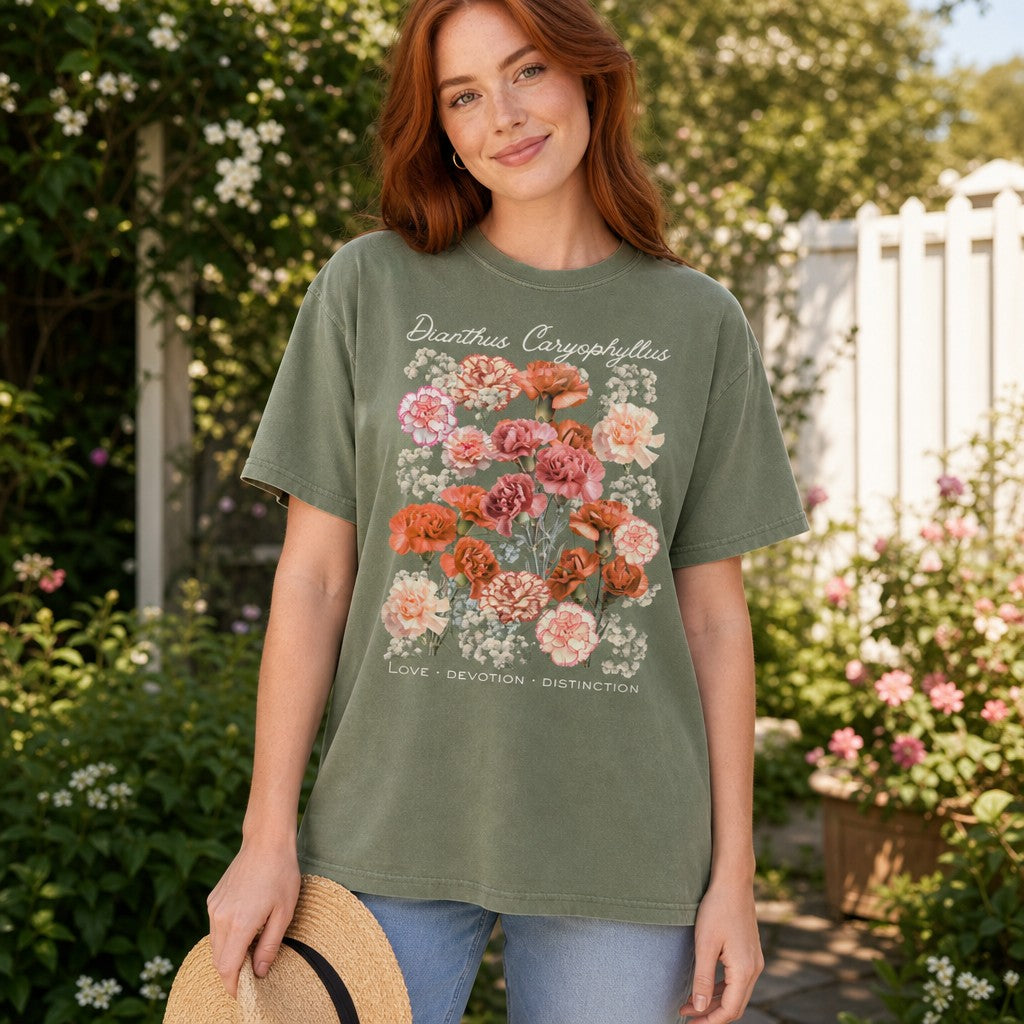 Woman wearing a moss green Comfort Colors t-shirt featuring a vintage botanical illustration of a lush bouquet of dianthus carnations in peach, blush, coral, and cream with baby's breath, cottagecore floral design for flower lovers in a garden setting, by Crossroads Dandelion