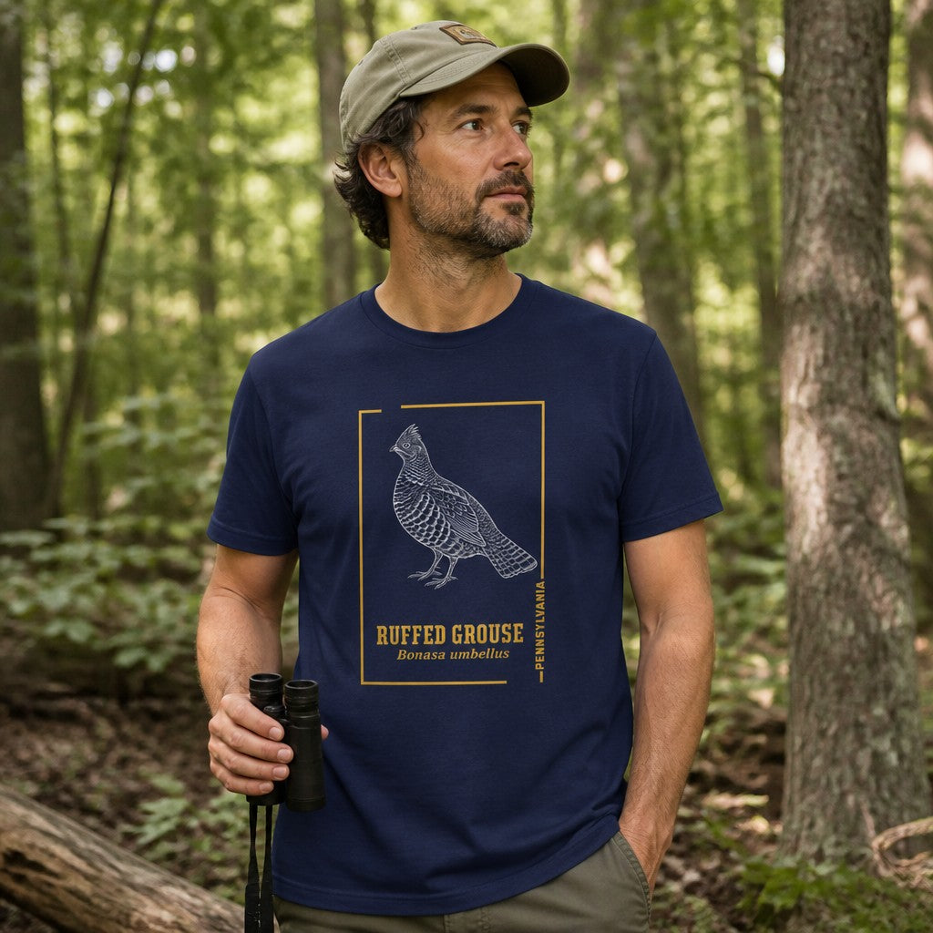 Man in navy Bella Canvas 3001 t-shirt featuring a vintage hand-drawn ruffed grouse illustration with gold framing, classic nature and cottagecore design for wildlife lovers, hiking in a lush green forest, by Crossroads Dandelion