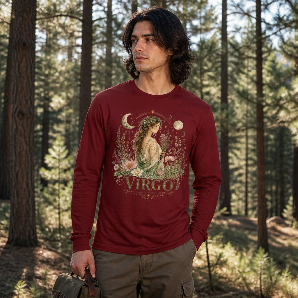 Man wearing cardinal red Bella Canvas 3501 long sleeve featuring a vintage cottagecore watercolor Virgo maiden surrounded by wildflowers, moons, and stars, standing in a pine forest, ideal for astrology and nature lovers, by Crossroads Dandelion