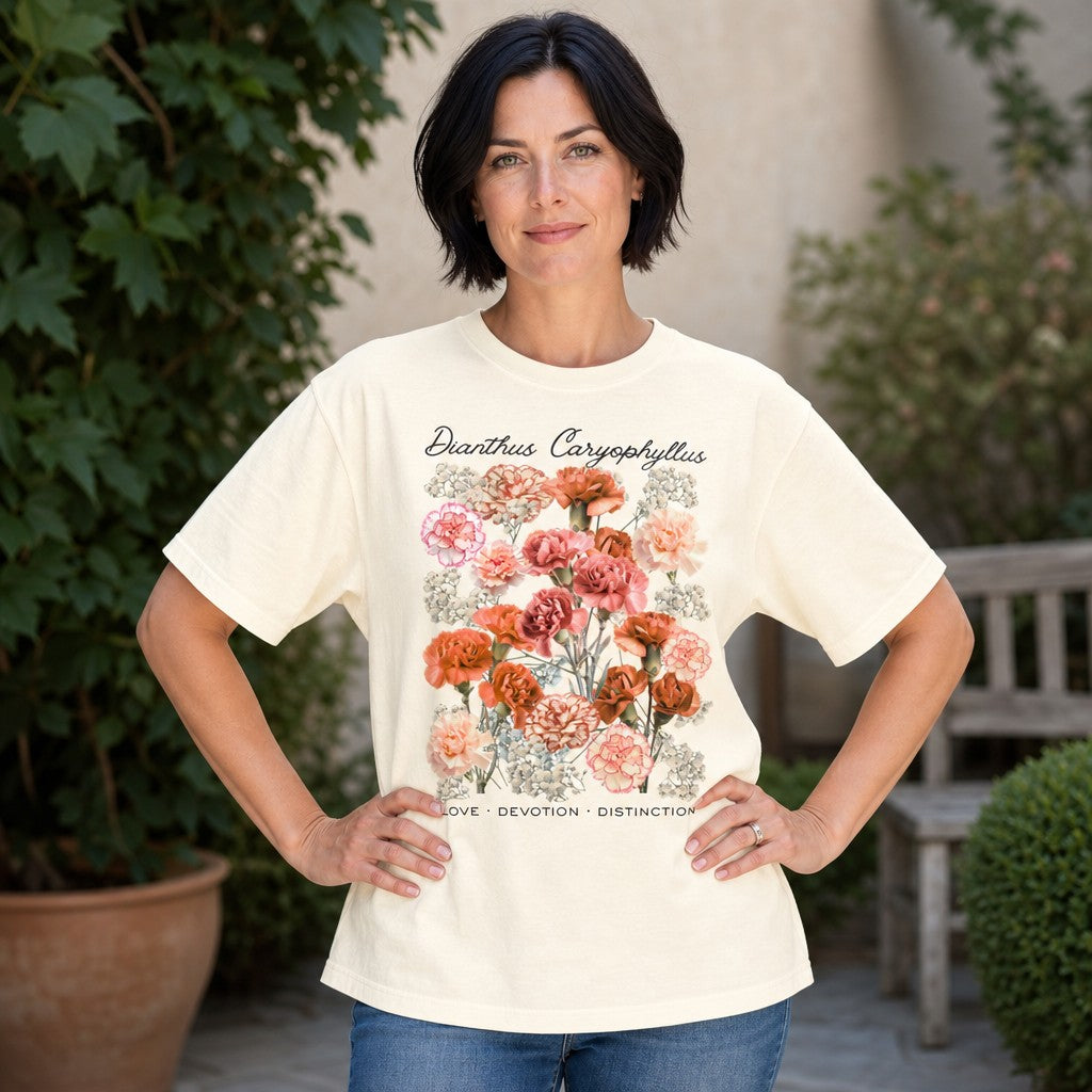 Woman wearing an ivory Comfort Colors 1717 t-shirt featuring a vintage botanical illustration of peach, coral, blush, and cream dianthus (carnation) bouquet with baby's breath, elegant script and constellation keywords, cottagecore floral design for women and garden lovers, outdoor setting, by Crossroads Dandelion