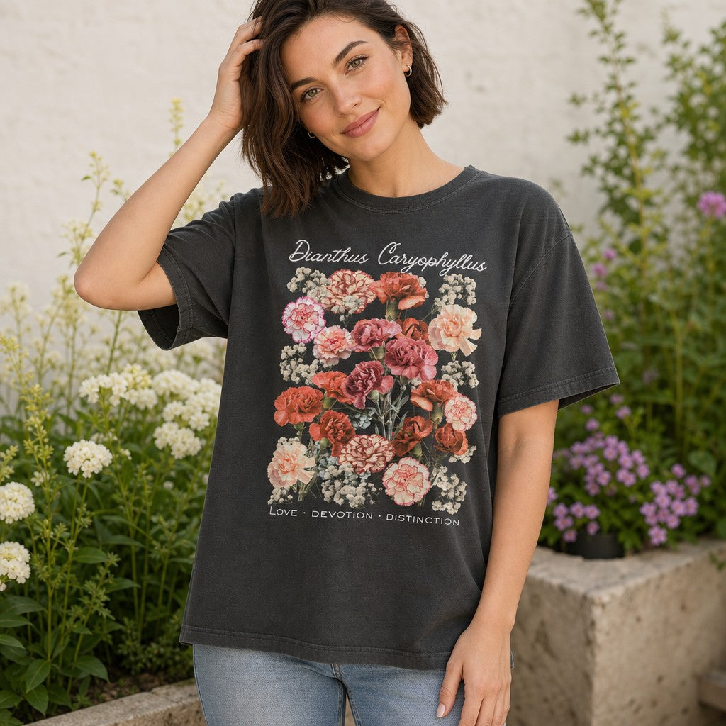 Woman wearing a pepper Comfort Colors t-shirt featuring a vintage botanical illustration of dianthus carnations in peach, blush, coral, and cream with baby's breath, cottagecore floral design for garden and flower lovers, outdoors, by Crossroads Dandelion