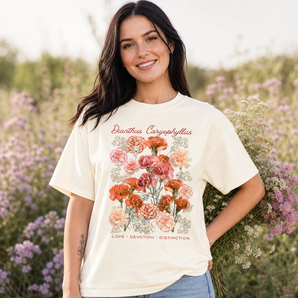 Woman wearing an ivory Comfort Colors t-shirt with a vintage botanical Dianthus Caryophyllus floral bouquet illustration in warm peach, coral, and cream hues, accented with baby's breath, elegant hand-drawn details, and cursive typography, set in a sunny garden scene, perfect for women who love classic romantic garden aesthetics, by Crossroads Dandelion