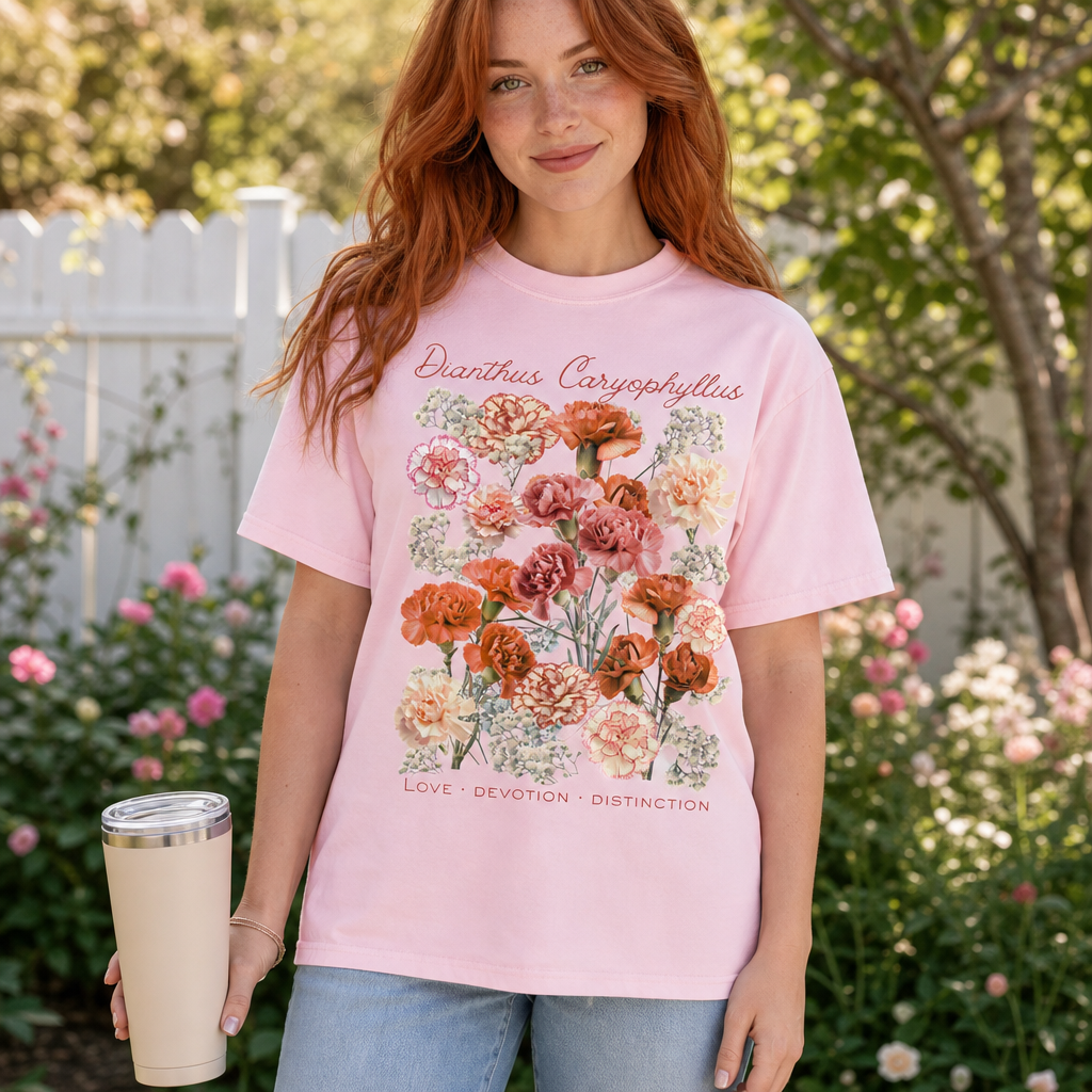 Woman in a blossom pink Comfort Colors 1717 t-shirt with a vintage botanical design of dianthus caryophyllus flowers and baby's breath, featuring elegant hand-drawn details and cursive text, garden setting, floral style for garden lovers and women, by Crossroads Dandelion