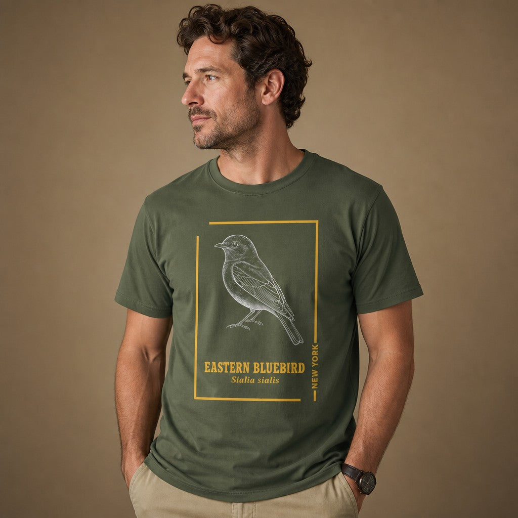 Man wearing a military green Bella Canvas 3001 t-shirt featuring a hand-drawn vintage illustration of an Eastern Bluebird in profile, accented with golden botanical lines and type, cottagecore and vintage wildlife art lovers, by Crossroads Dandelion