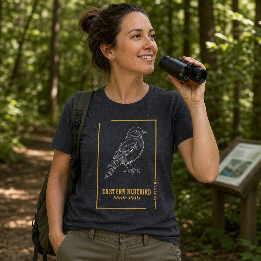 Woman birdwatcher in dark grey heather Bella Canvas 3001 t-shirt featuring a vintage botanical line art illustration of an Eastern Bluebird with golden frame and scientific name, hiking a woodland trail, perfect for Missouri nature lovers and birdwatchers, by Crossroads Dandelion