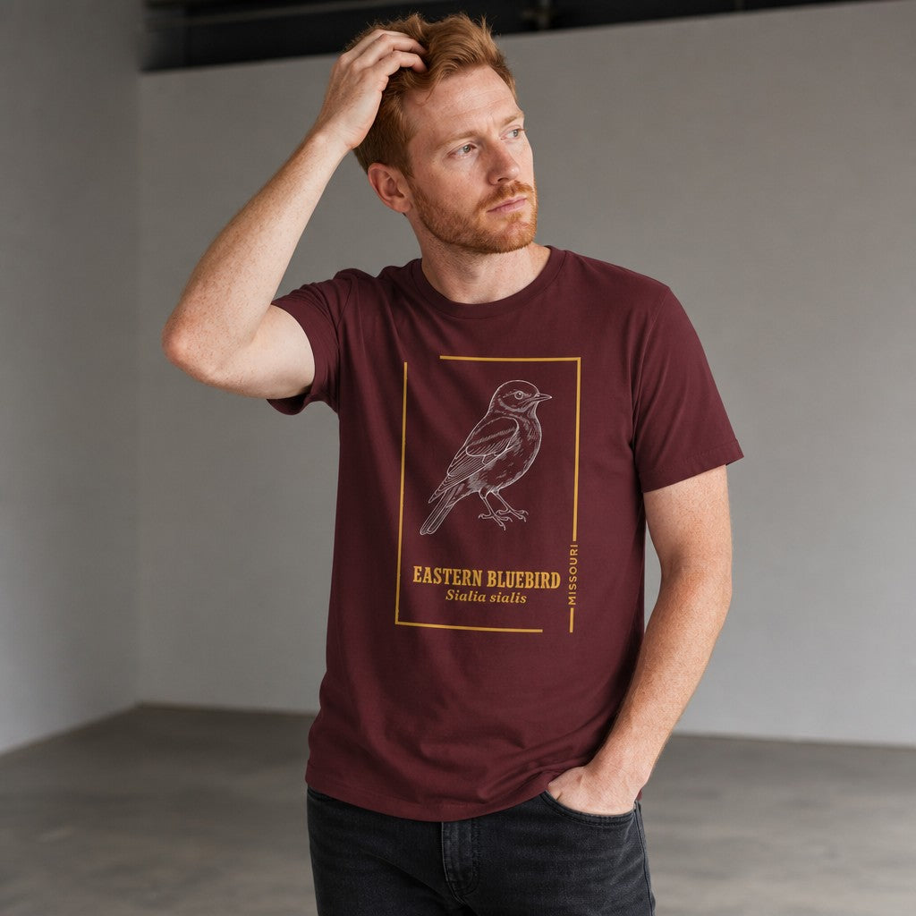 Man wearing a maroon Bella Canvas 3001 t-shirt featuring a white line art Eastern Bluebird illustration in vintage botanical style with gold accents, ideal for birdwatchers and Missouri nature lovers, by Crossroads Dandelion