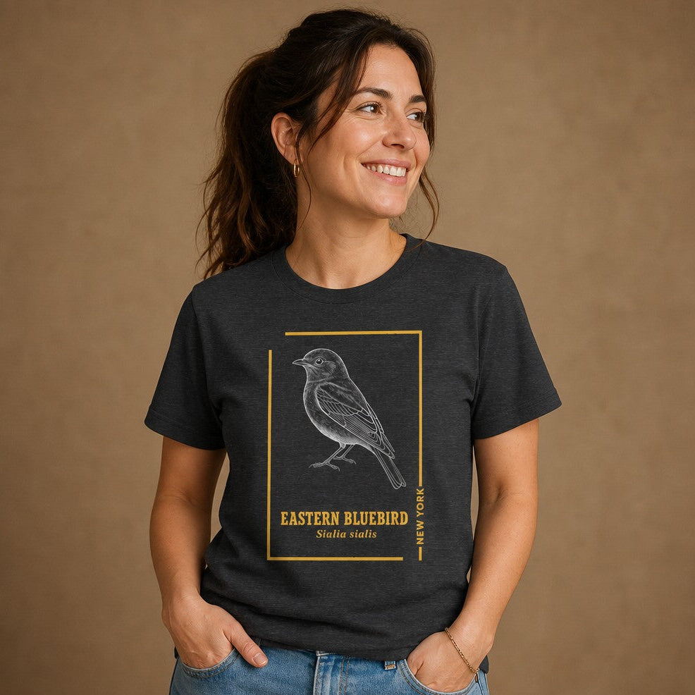 Woman wearing dark grey heather Bella Canvas 3001 t-shirt featuring a hand-drawn vintage Eastern Bluebird illustration with golden framing, cottagecore and vintage wildlife art style, casual studio setting, perfect for women who love classic and nature-inspired fashion, by Crossroads Dandelion