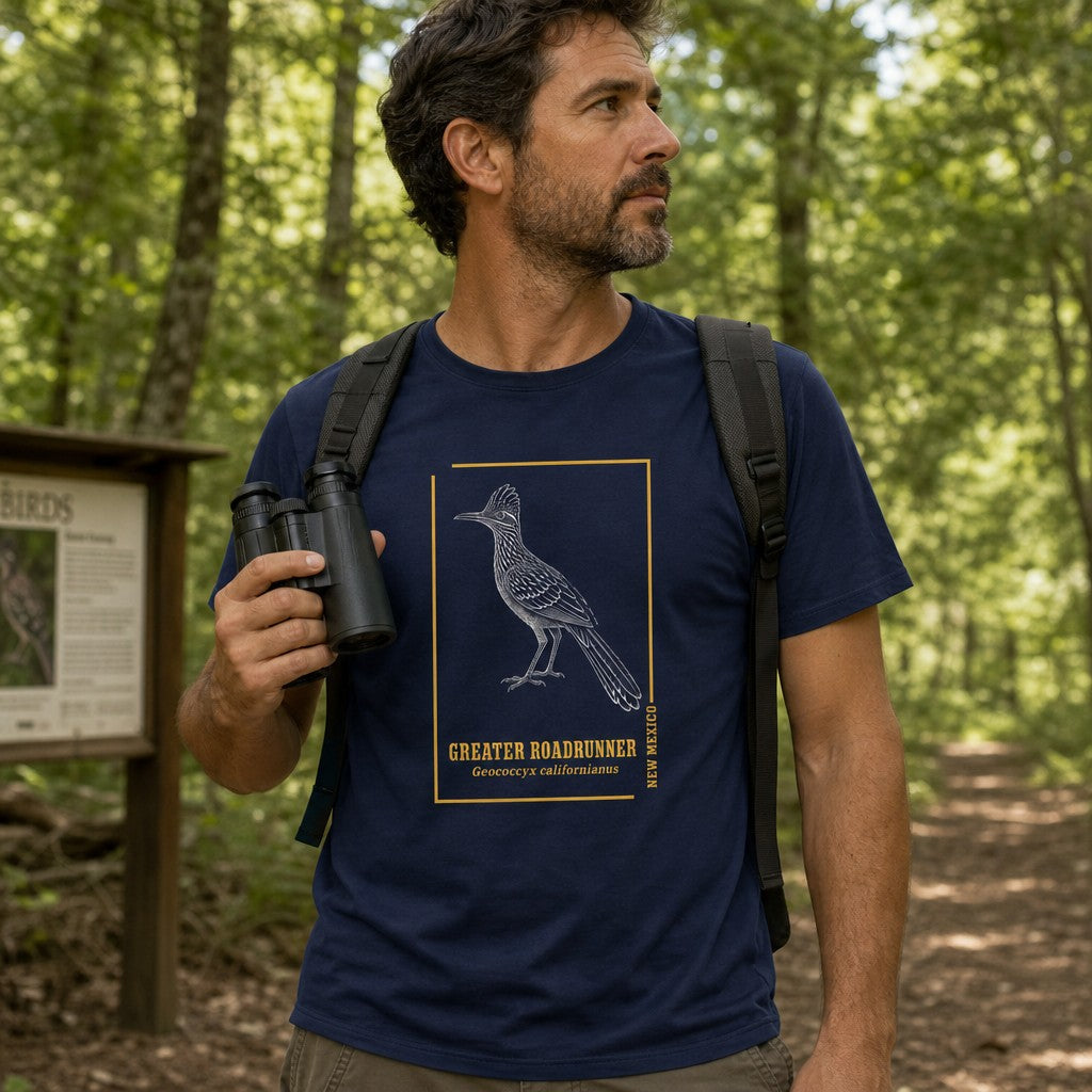Man in navy Bella Canvas 3001 t-shirt featuring a vintage-style white line art illustration of a Greater Roadrunner, golden frame accents, classic wildlife botanical typography, hiking through a sunlit forest, ideal for birdwatchers, nature lovers, and cottagecore enthusiasts, by Crossroads Dandelion
