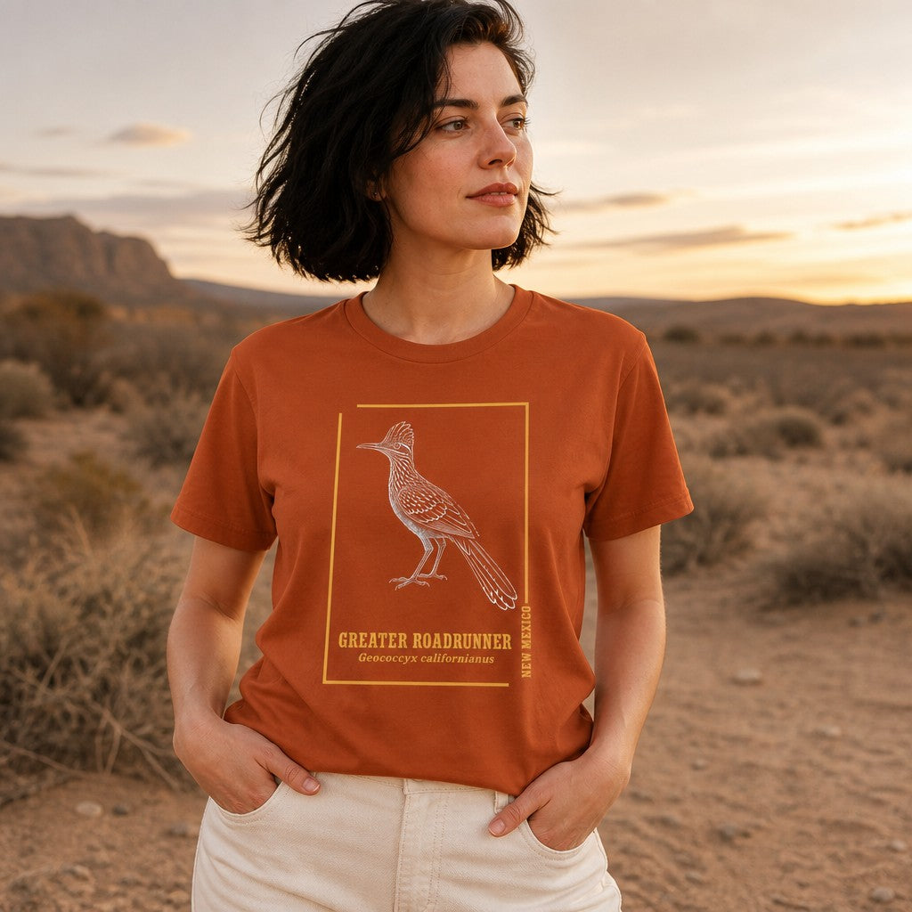 Woman in an autumn-colored t-shirt featuring a vintage line art greater roadrunner bird design, standing in a desert landscape, ideal for nature lovers and bird enthusiasts, by Crossroads Dandelion
