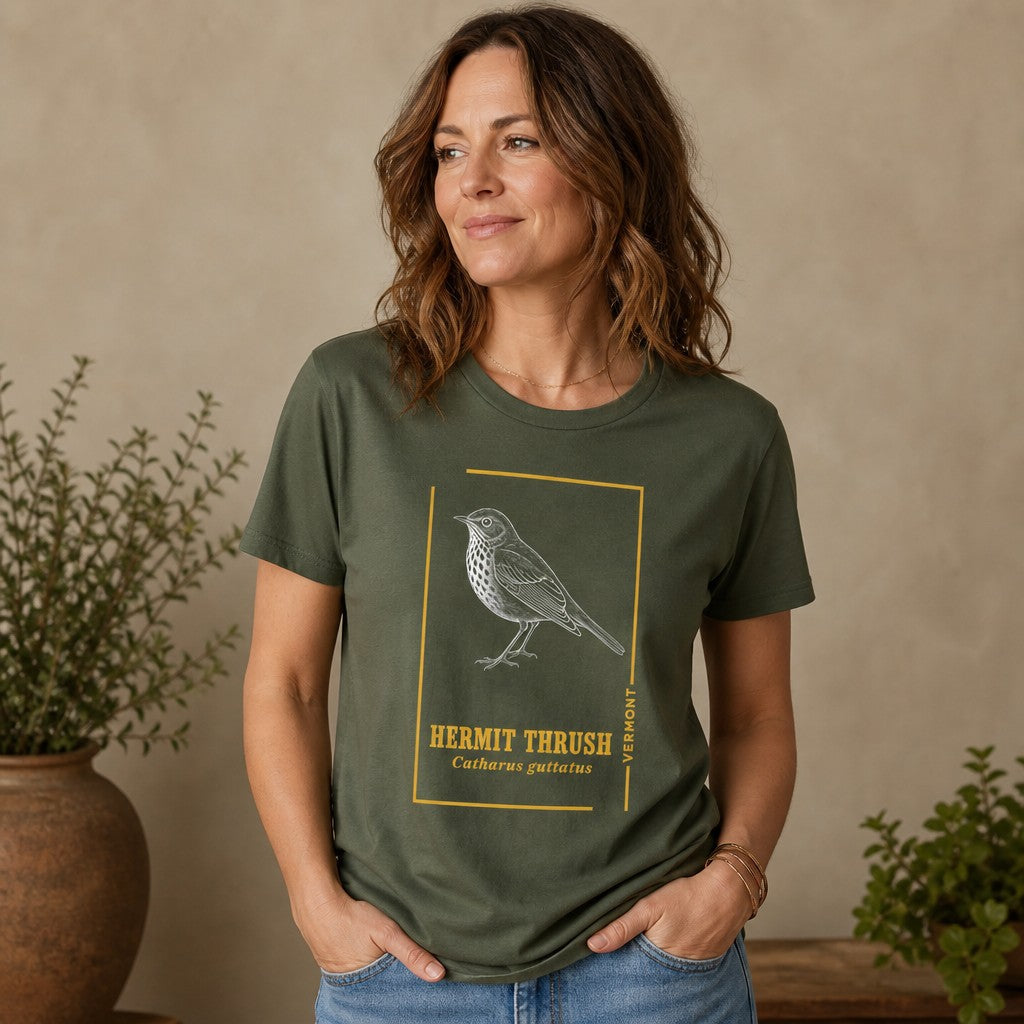Woman in military green Bella Canvas 3001 t-shirt featuring a vintage-style minimalist illustration of a hermit thrush with botanical details, folk-inspired nature design, studio scene, ideal for birdwatchers and nature lovers, by Crossroads Dandelion