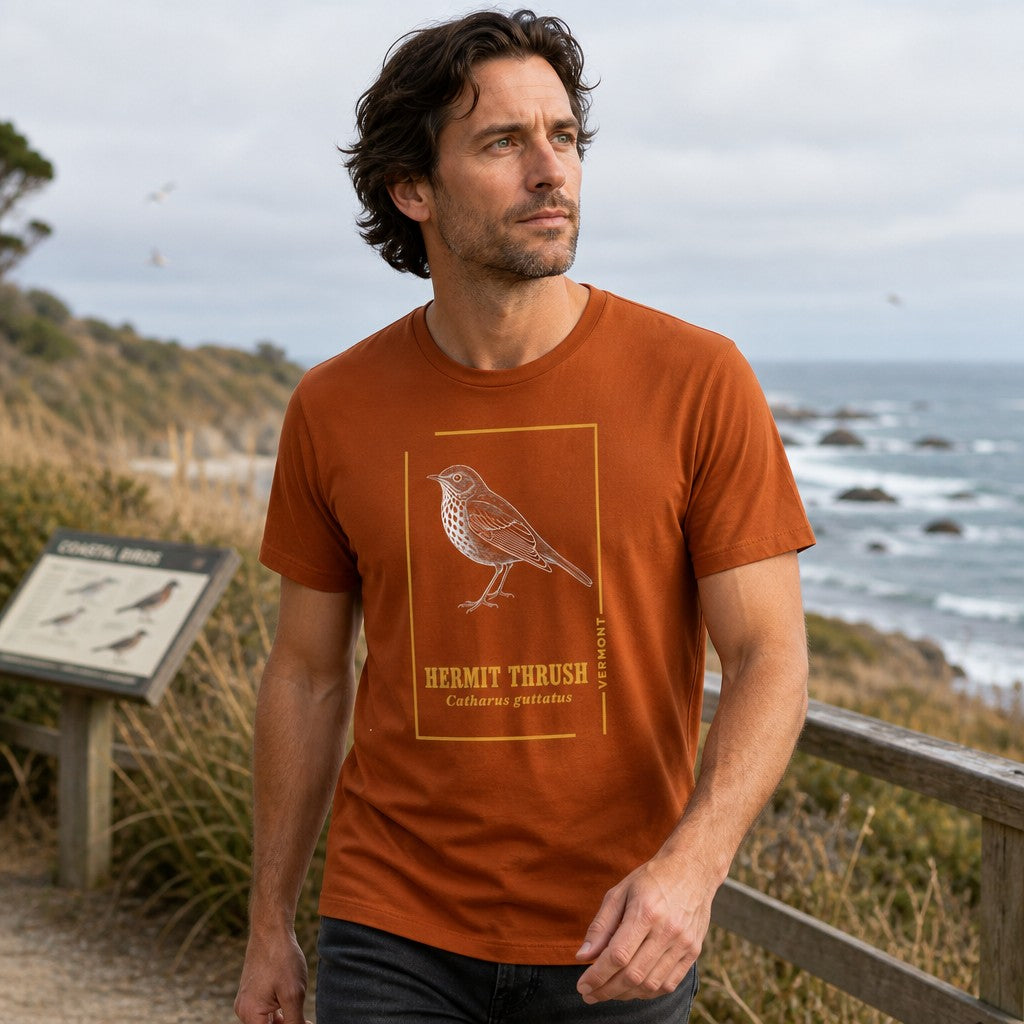 Man wearing an autumn orange Bella Canvas 3001 t-shirt featuring a vintage-style charcoal hermit thrush illustration with minimalist folk-inspired details, walking on a coastal nature trail, perfect for birdwatchers, men, and nature lovers, by Crossroads Dandelion