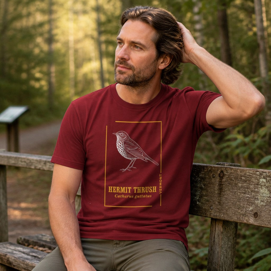 Man wearing a cardinal Bella Canvas 3001 t-shirt with a vintage-style hermit thrush bird illustration in minimalist folk design, sitting on a wooden bench in a forest, perfect for birdwatchers, nature lovers, and Vermont enthusiasts, by Crossroads Dandelion