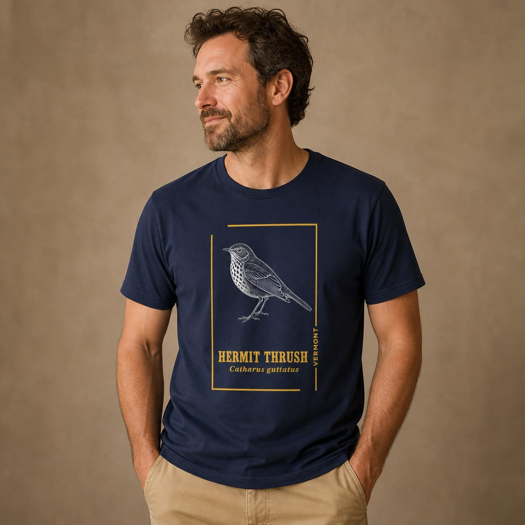Man wearing a navy Bella Canvas 3001 t-shirt featuring a vintage-style minimalist folk-inspired hermit thrush bird illustration, ideal for birdwatchers and nature lovers, studio setting, men's apparel, by Crossroads Dandelion