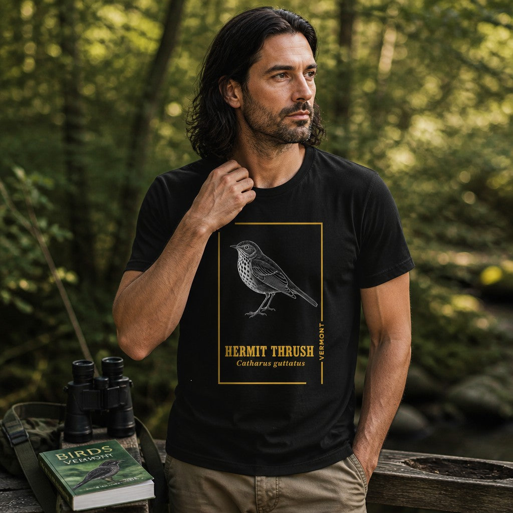 Man in black Bella Canvas 3001 t-shirt featuring a vintage-style hermit thrush illustration with folk-inspired minimalist botanical details, set in a lush woodland, perfect for birdwatchers and nature lovers, by Crossroads Dandelion