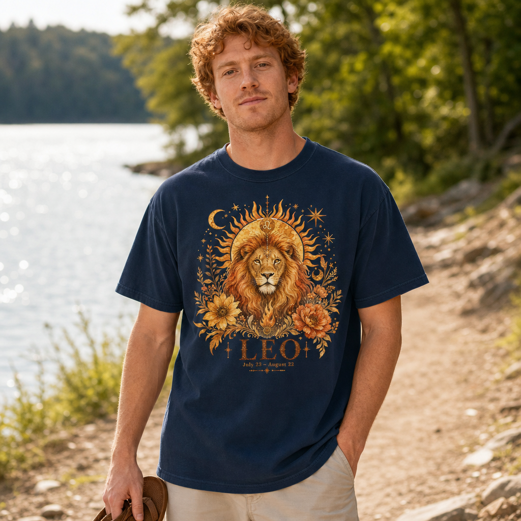 Man wearing a navy Comfort Colors 1717 t-shirt featuring a vintage-style mystical digital illustration of a regal lion with a fiery mane, surrounded by sun motifs, stars, crescent moons, and autumnal flowers, embodying the Leo zodiac sign; set by a lakeside outdoor scene, designed for astrology and zodiac enthusiasts, by Crossroads Dandelion