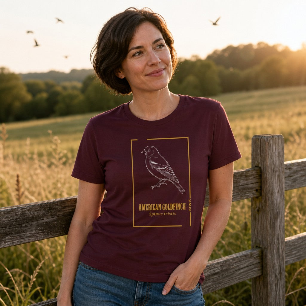 Woman wearing a maroon Bella Canvas 3001 t-shirt with a vintage line art illustration of an American Goldfinch framed by golden botanical accents and heritage-style typography, standing by a wooden fence in a scenic nature field, ideal for bird lovers and naturalist art enthusiasts, by Crossroads Dandelion
