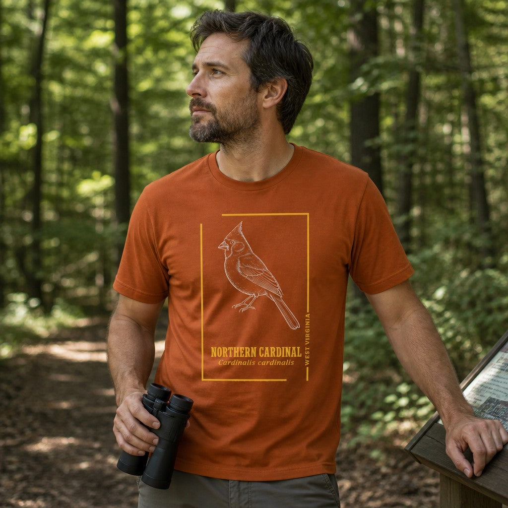 Man in autumn orange Bella Canvas 3001 t-shirt featuring a vintage line art illustration of a Northern Cardinal with botanical field guide style text, hiking in a sunlit forest, perfect for birdwatchers and nature lovers, by Crossroads Dandelion