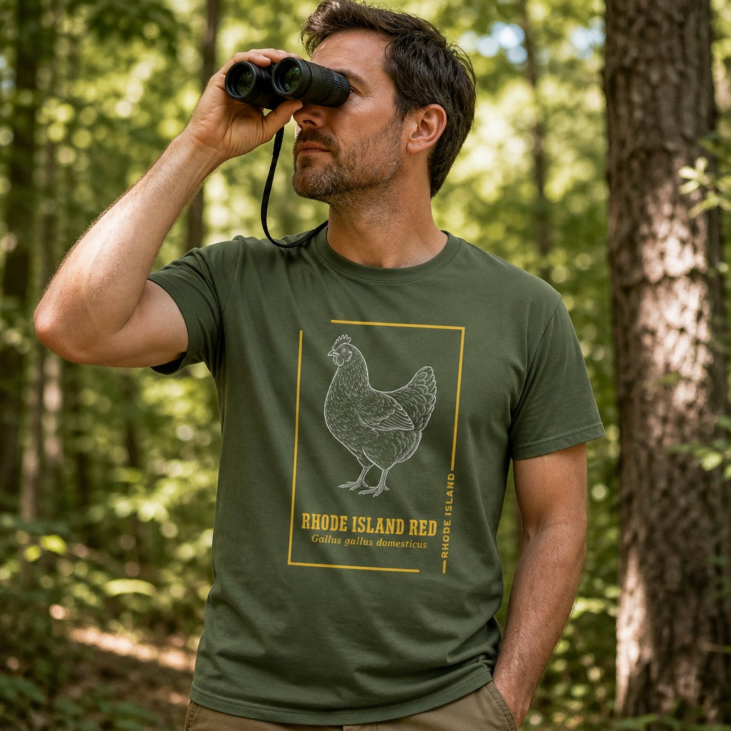 Man wearing a military green Bella Canvas 3001 t-shirt with a hand-drawn vintage Rhode Island Red chicken illustration in white ink, bordered in gold, archival naturalist sketch style, in a wooded forest, ideal for birdwatchers and wildlife enthusiasts, by Crossroads Dandelion