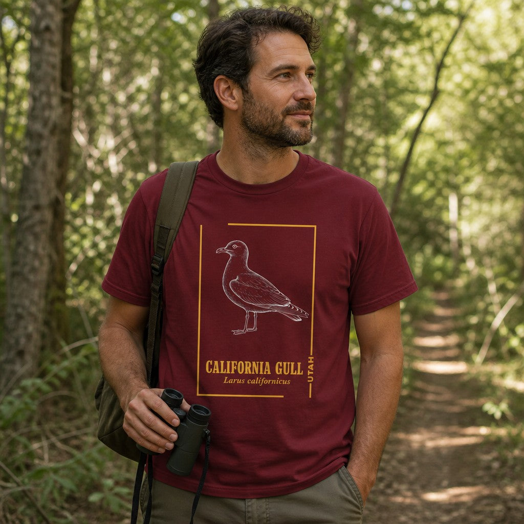 Man wearing a cardinal red Bella Canvas 3001 t-shirt with a vintage line art California Gull illustration, golden accents, and botanical-inspired script, on a forest hiking trail, perfect for birdwatchers and nature lovers, by Crossroads Dandelion