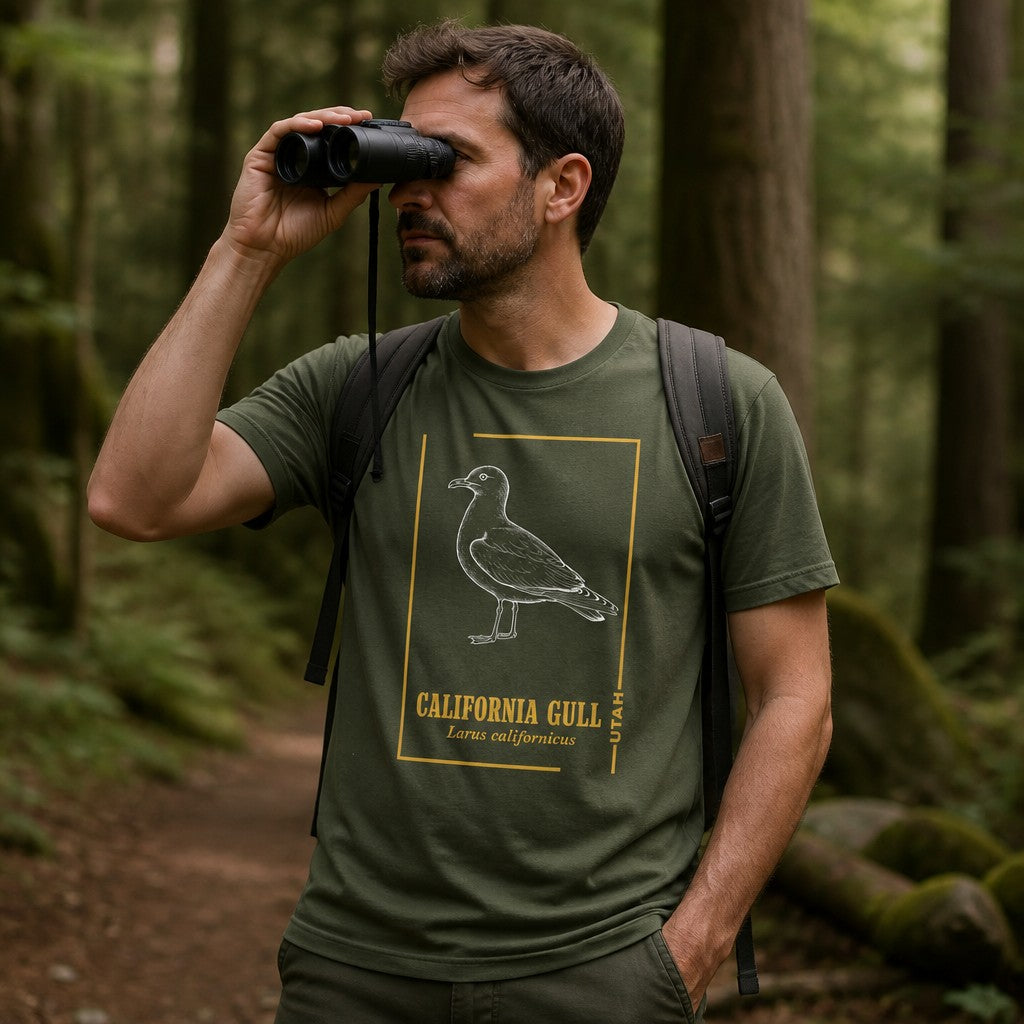 Man in military green Bella Canvas 3001 t-shirt with vintage line art illustration of California Gull in chalk-white and gold accents, birdwatching in a lush forest, designed for birdwatchers and nature lovers, by Crossroads Dandelion