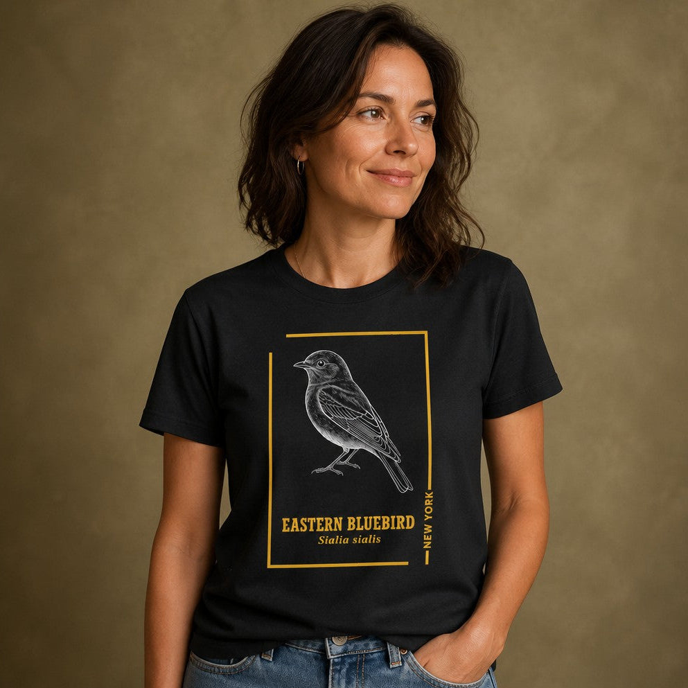 Woman wearing a black Bella Canvas 3001 t-shirt featuring a hand-drawn vintage Eastern Bluebird illustration with gold frame and botanical typography, cottagecore and minimalist wildlife design, ideal for vintage bird art lovers, studio setting, by Crossroads Dandelion