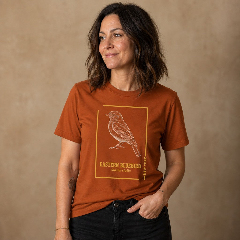 Woman wearing an autumn rust Bella Canvas 3001 t-shirt featuring a hand-drawn vintage line art illustration of an Eastern Bluebird framed in golden accents, minimalist cottagecore wildlife design for women, by Crossroads Dandelion