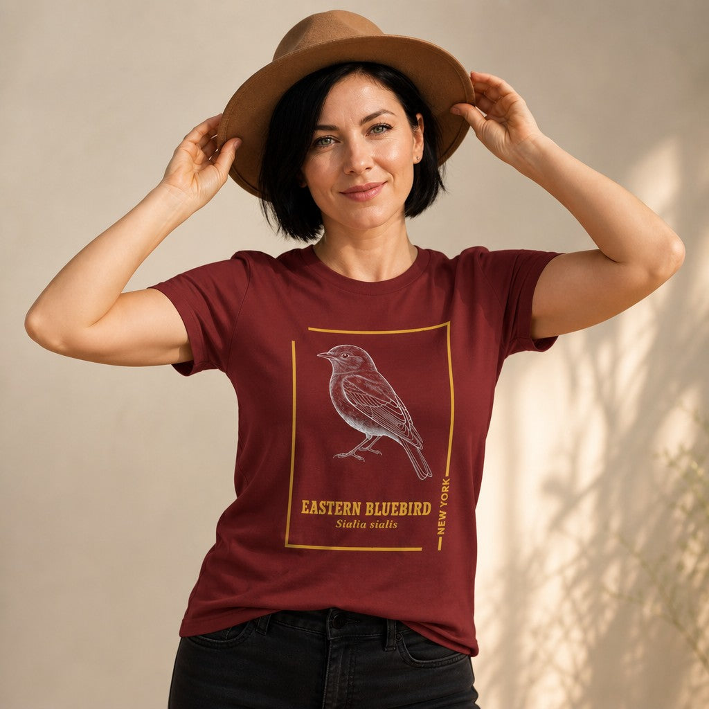Woman in a cardinal red Bella Canvas 3001 t-shirt featuring a vintage hand-drawn line art Eastern Bluebird perched in profile with golden accents and botanical typography, perfect for cottagecore and wildlife art lovers, indoor scene, by Crossroads Dandelion
