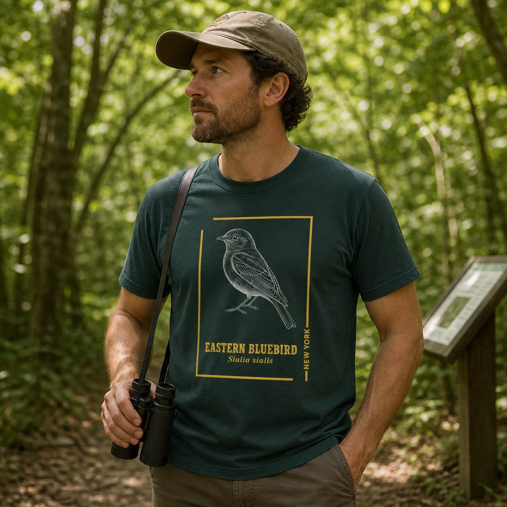 Man wearing a forest green Bella Canvas 3001 t-shirt featuring a vintage hand-drawn line art Eastern Bluebird illustration with golden framing and botanical typography, hiking in a lush wooded forest, perfect for birdwatchers, nature lovers, and vintage cottagecore style enthusiasts, by Crossroads Dandelion