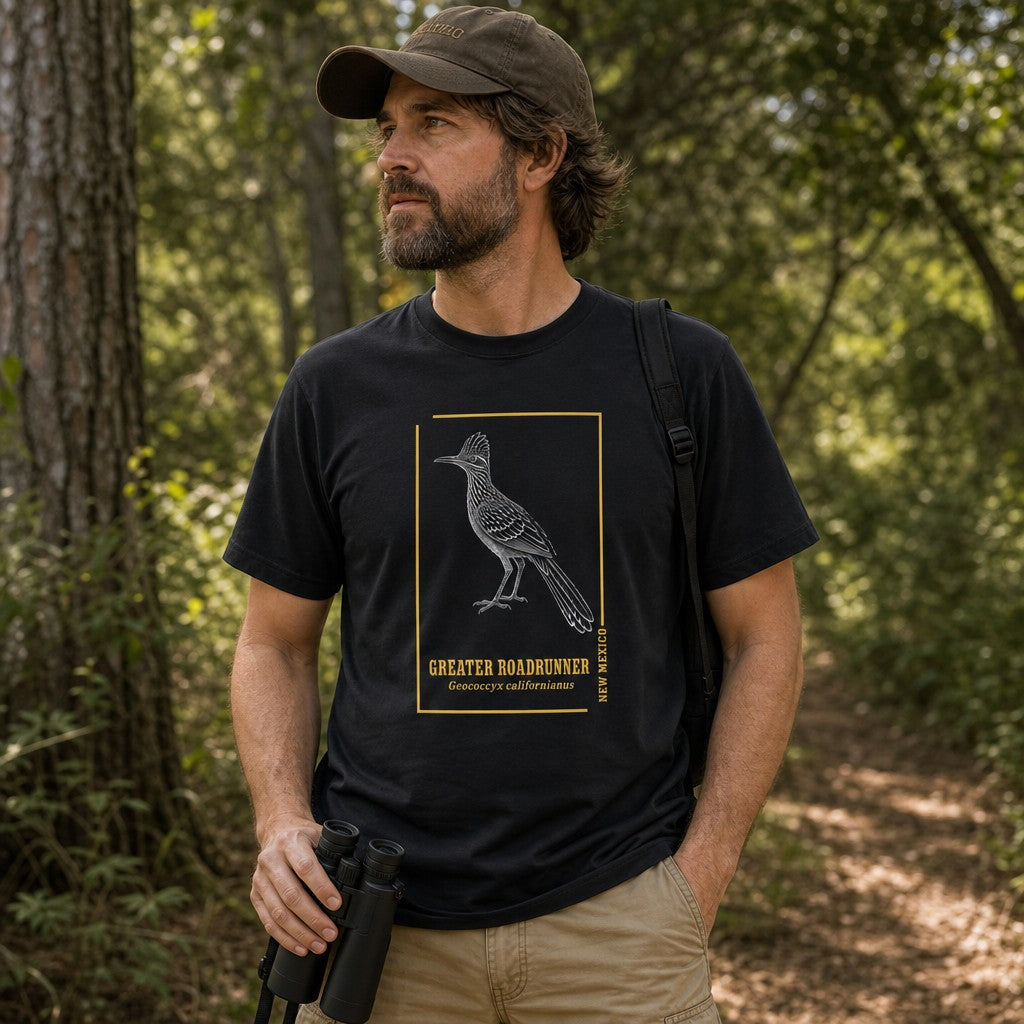 Man wearing black Bella Canvas 3001 t-shirt with vintage line art illustration of greater roadrunner, gold botanical typography, classic wildlife print style, outdoors in pine forest, ideal for birdwatchers and nature lovers, by Crossroads Dandelion