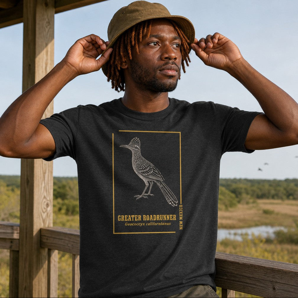 Man wearing dark grey heather Bella Canvas 3001 t-shirt with vintage-style line art illustration of a Greater Roadrunner, golden frame and botanical typography, outdoors on a wooden overlook, perfect for birdwatchers, nature enthusiasts, and cottagecore fans, by Crossroads Dandelion
